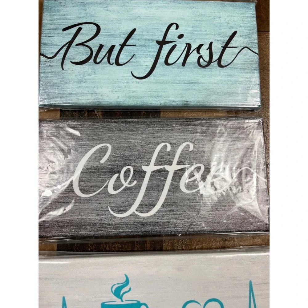 Set of 3 Coffee Canvas Wall Art Signs But First Coffee Kitchen Decor Teal Grey